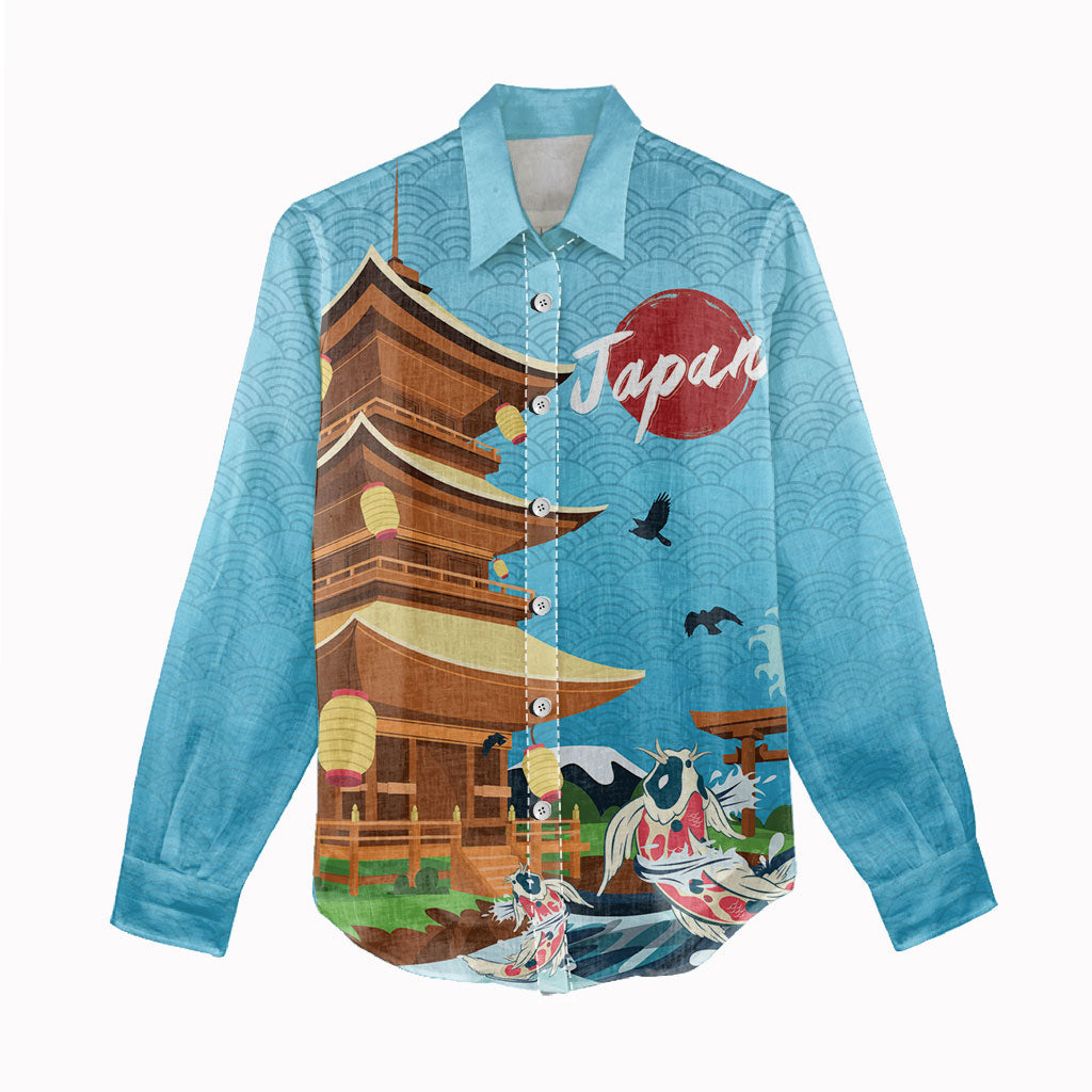 Japan Land Of The Rising Sun Women Casual Shirt Japanese Pagoda Koi Fish