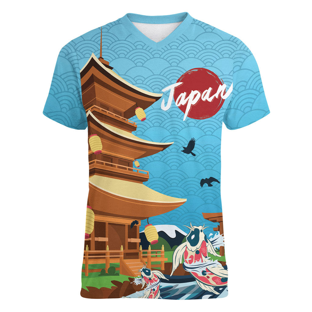 Japan Land Of The Rising Sun Women V-Neck T-Shirt Japanese Pagoda Koi Fish