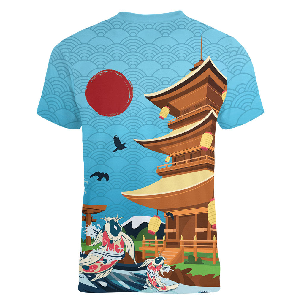 Japan Land Of The Rising Sun Women V-Neck T-Shirt Japanese Pagoda Koi Fish