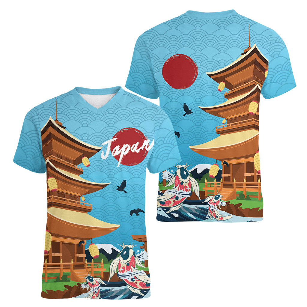 Japan Land Of The Rising Sun Women V-Neck T-Shirt Japanese Pagoda Koi Fish