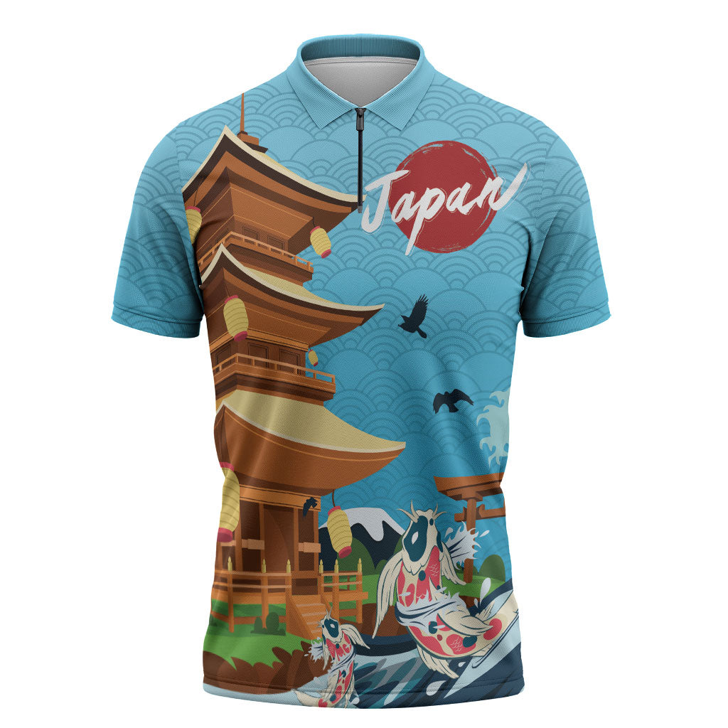 Japan Land Of The Rising Sun Zipper Polo Shirt Japanese Pagoda Koi Fish