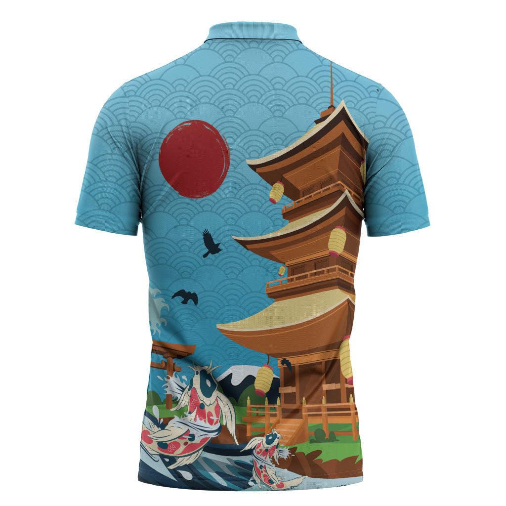 Japan Land Of The Rising Sun Zipper Polo Shirt Japanese Pagoda Koi Fish