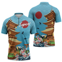 Japan Land Of The Rising Sun Zipper Polo Shirt Japanese Pagoda Koi Fish