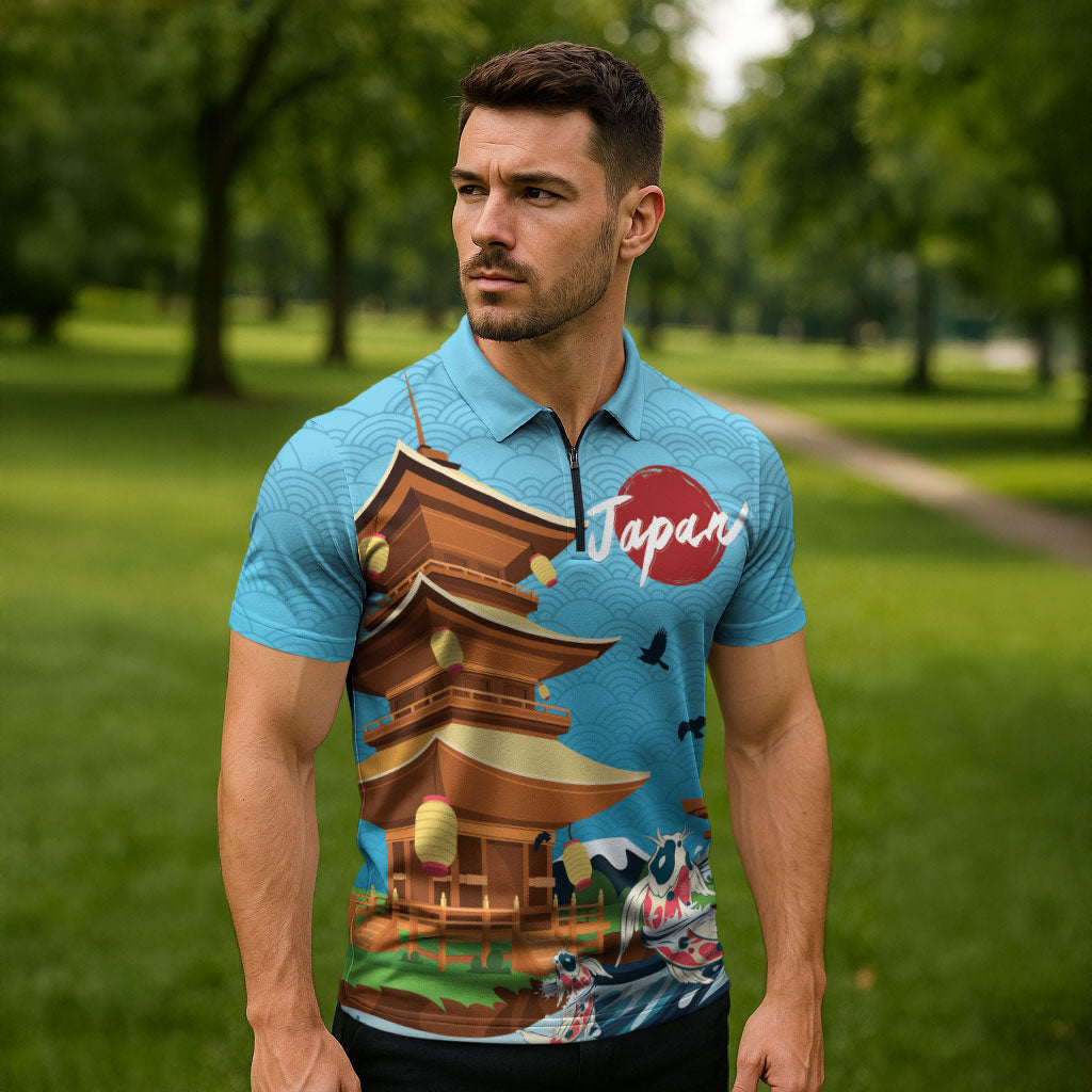 Japan Land Of The Rising Sun Zipper Polo Shirt Japanese Pagoda Koi Fish