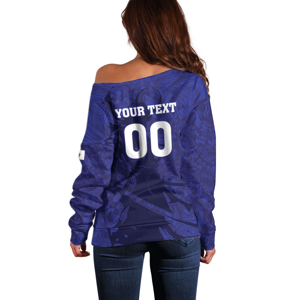 Custom Japan Samurai Blue 2026 Football Off Shoulder Sweater Go Champion