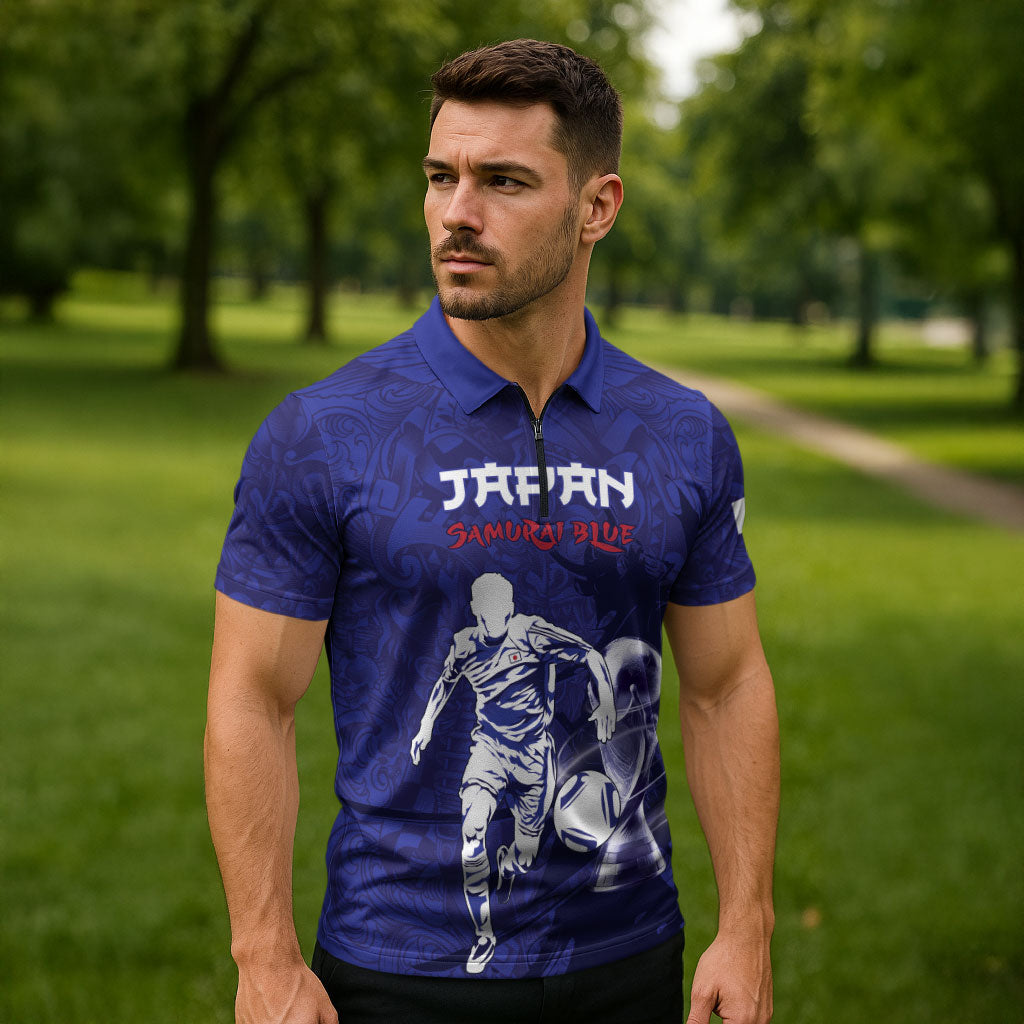 Custom Japan Samurai Blue 2026 Football Zipper Polo Shirt Go Champion