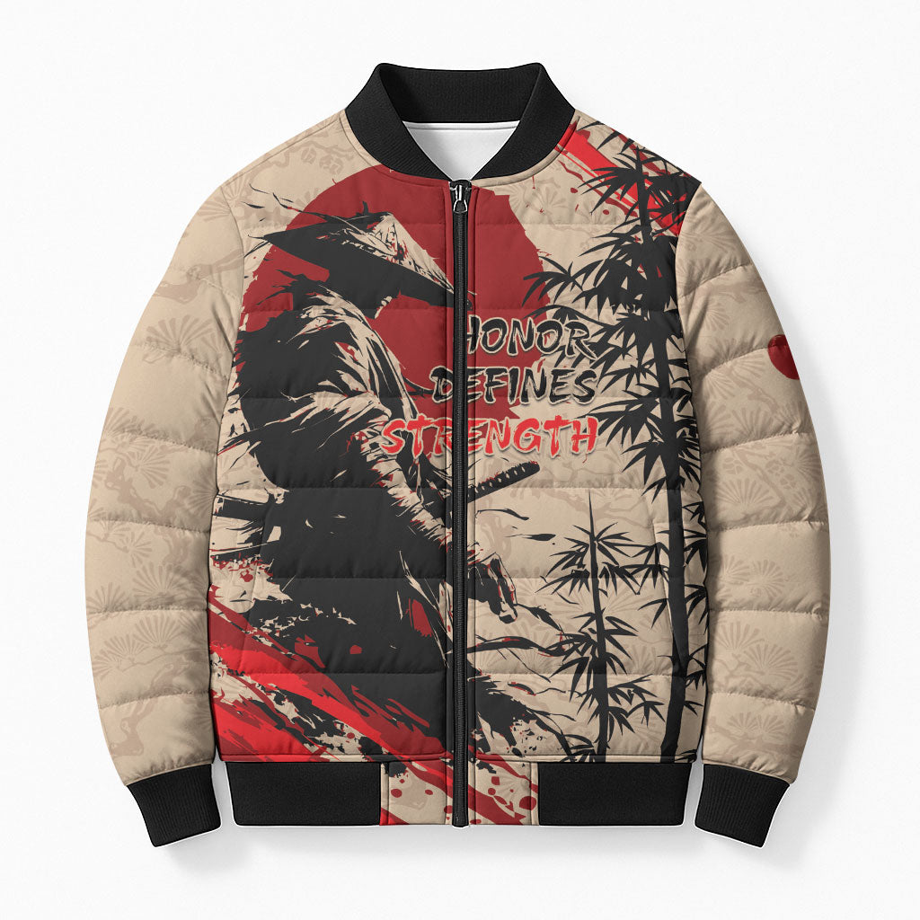 Personalised Japan Samurai Vintage Bomber Puffer Jacket Honor Defines Strength