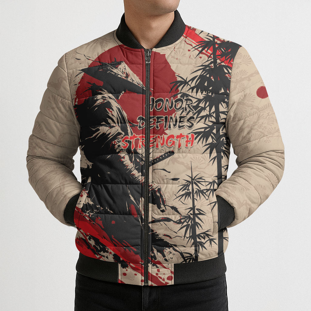 Personalised Japan Samurai Vintage Bomber Puffer Jacket Honor Defines Strength