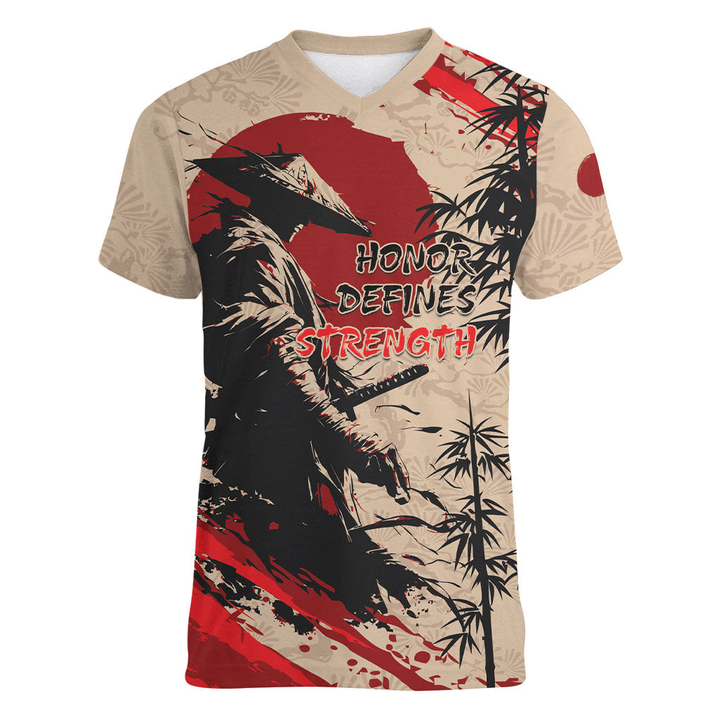Personalised Japan Samurai Vintage Women V-Neck T-Shirt Honor Defines Strength