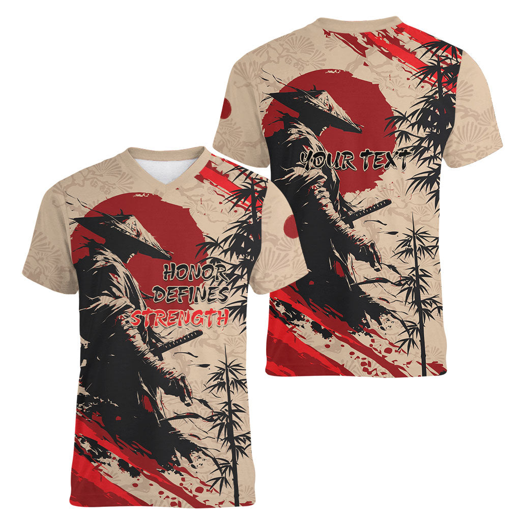 Personalised Japan Samurai Vintage Women V-Neck T-Shirt Honor Defines Strength