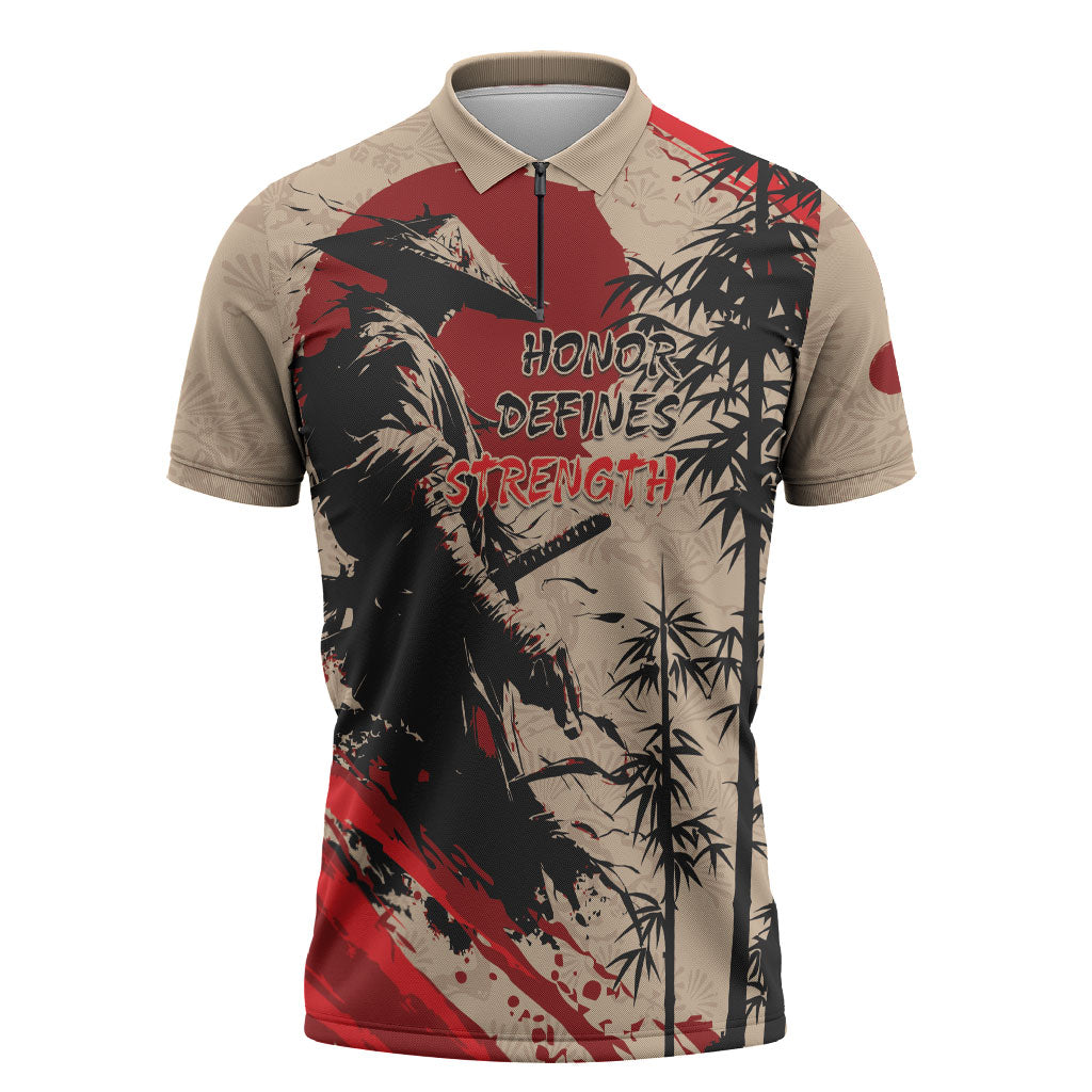 Personalised Japan Samurai Vintage Zipper Polo Shirt Honor Defines Strength