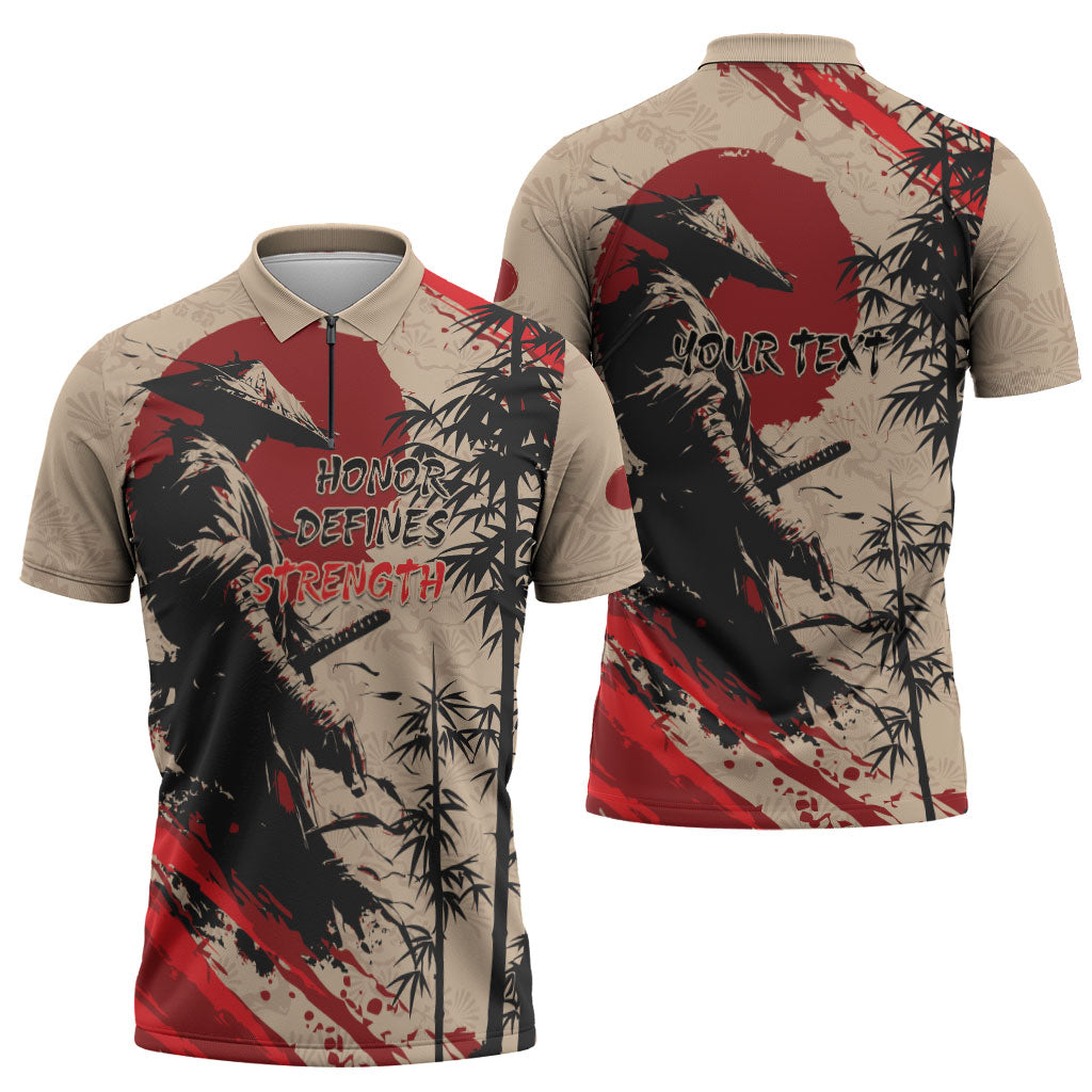 Personalised Japan Samurai Vintage Zipper Polo Shirt Honor Defines Strength