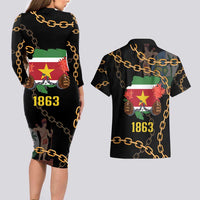 Suriname Keti Koti Couples Matching Long Sleeve Bodycon Dress and Hawaiian Shirt Kettingsnijden Prisiri Manspasi - Wonder Print Shop