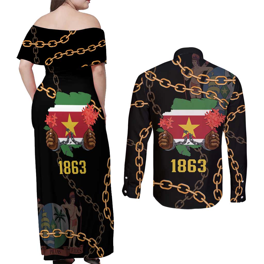 Suriname Keti Koti Couples Matching Off Shoulder Maxi Dress and Long Sleeve Button Shirt Kettingsnijden Prisiri Manspasi - Wonder Print Shop