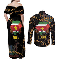 Suriname Keti Koti Couples Matching Off Shoulder Maxi Dress and Long Sleeve Button Shirt Kettingsnijden Prisiri Manspasi - Wonder Print Shop