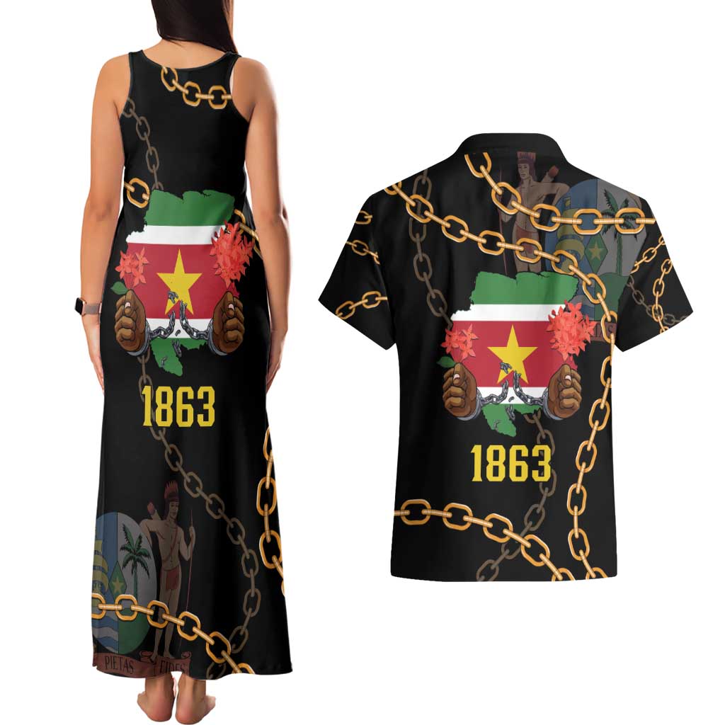 Suriname Keti Koti Couples Matching Tank Maxi Dress and Hawaiian Shirt Kettingsnijden Prisiri Manspasi - Wonder Print Shop