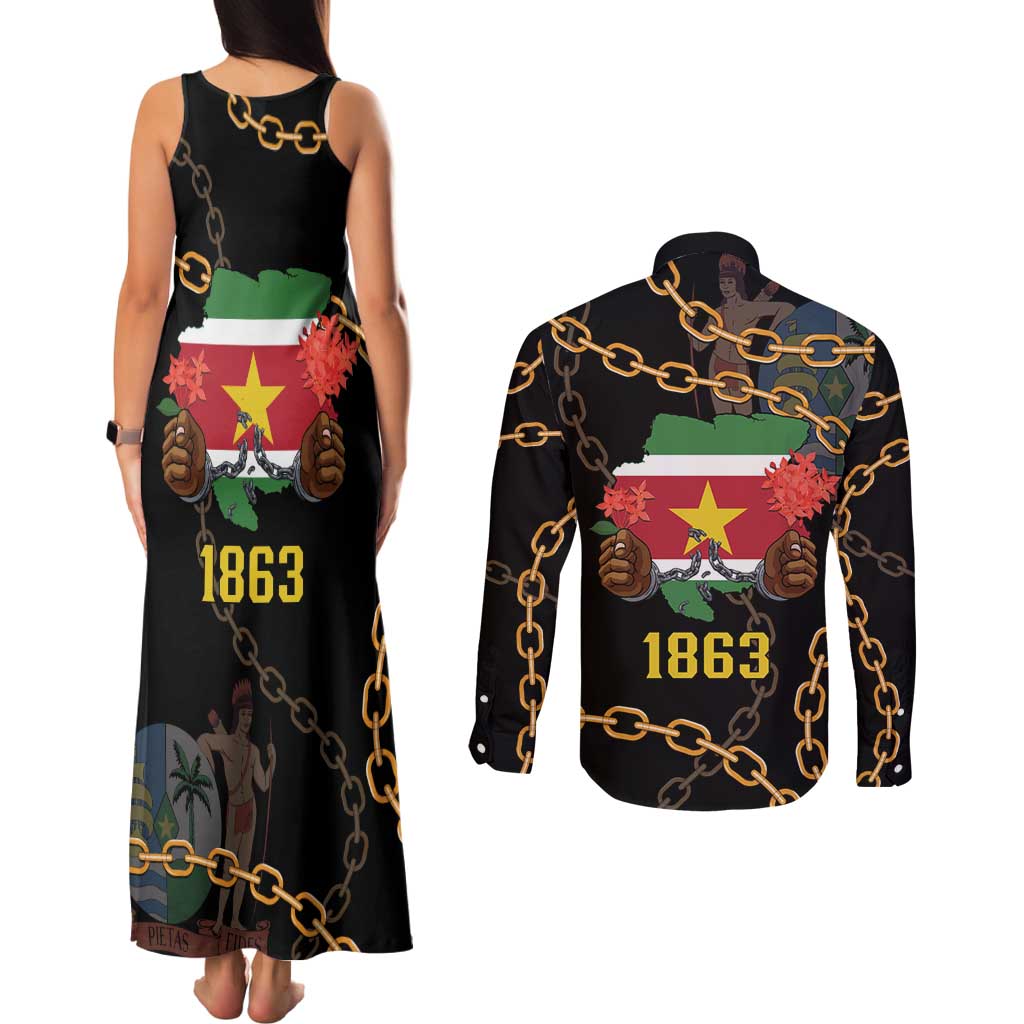 Suriname Keti Koti Couples Matching Tank Maxi Dress and Long Sleeve Button Shirt Kettingsnijden Prisiri Manspasi - Wonder Print Shop