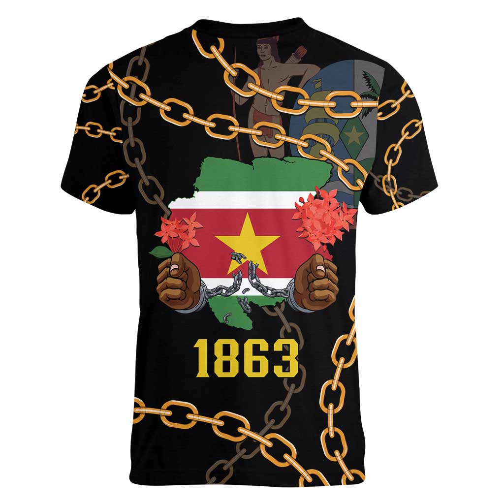 Suriname Keti Koti Women V-Neck T-Shirt Kettingsnijden Prisiri Manspasi - Wonder Print Shop