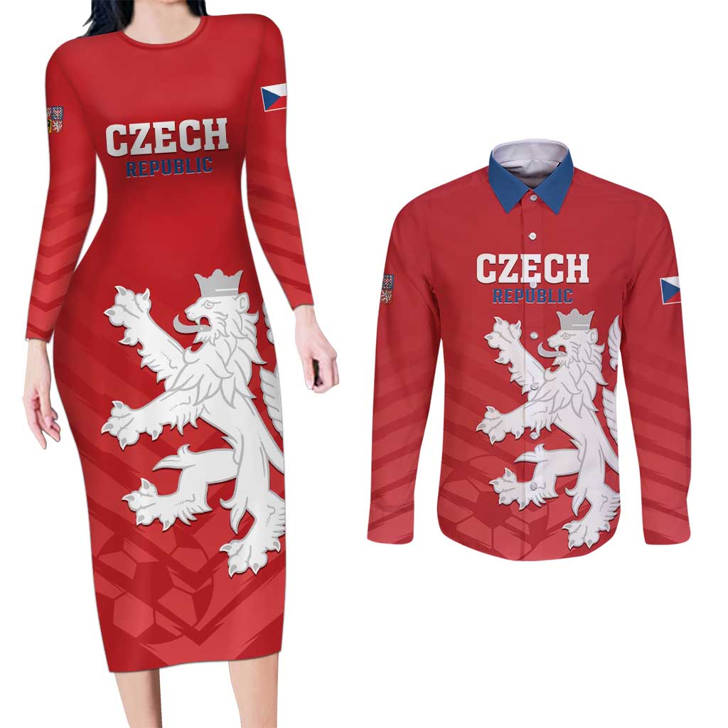 Custom Czech Republic 2024 Football Couples Matching Long Sleeve Bodycon Dress and Long Sleeve Button Shirt Jeden Tym Jeden Cil Czechia - Wonder Print Shop