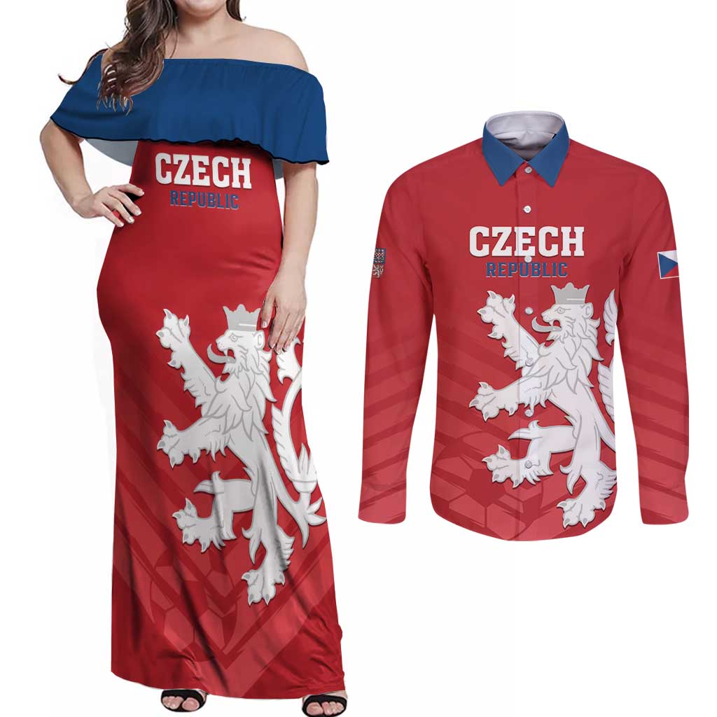 Custom Czech Republic 2024 Football Couples Matching Off Shoulder Maxi Dress and Long Sleeve Button Shirt Jeden Tym Jeden Cil Czechia - Wonder Print Shop