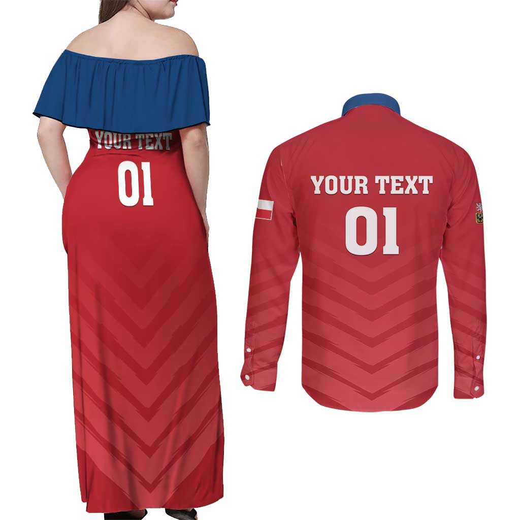 Custom Czech Republic 2024 Football Couples Matching Off Shoulder Maxi Dress and Long Sleeve Button Shirt Jeden Tym Jeden Cil Czechia - Wonder Print Shop