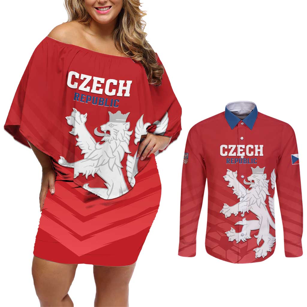 Custom Czech Republic 2024 Football Couples Matching Off Shoulder Short Dress and Long Sleeve Button Shirt Jeden Tym Jeden Cil Czechia - Wonder Print Shop