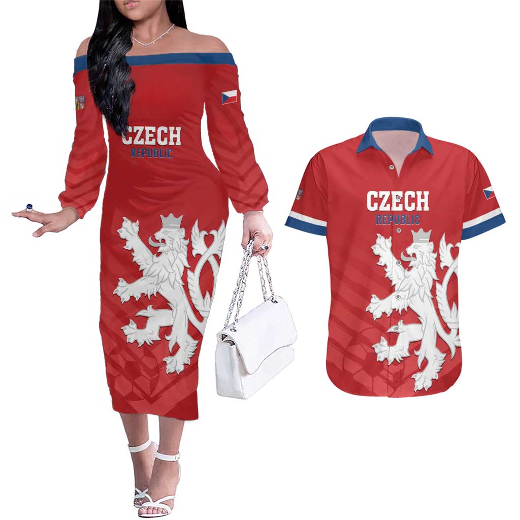Custom Czech Republic 2024 Football Couples Matching Off The Shoulder Long Sleeve Dress and Hawaiian Shirt Jeden Tym Jeden Cil Czechia - Wonder Print Shop