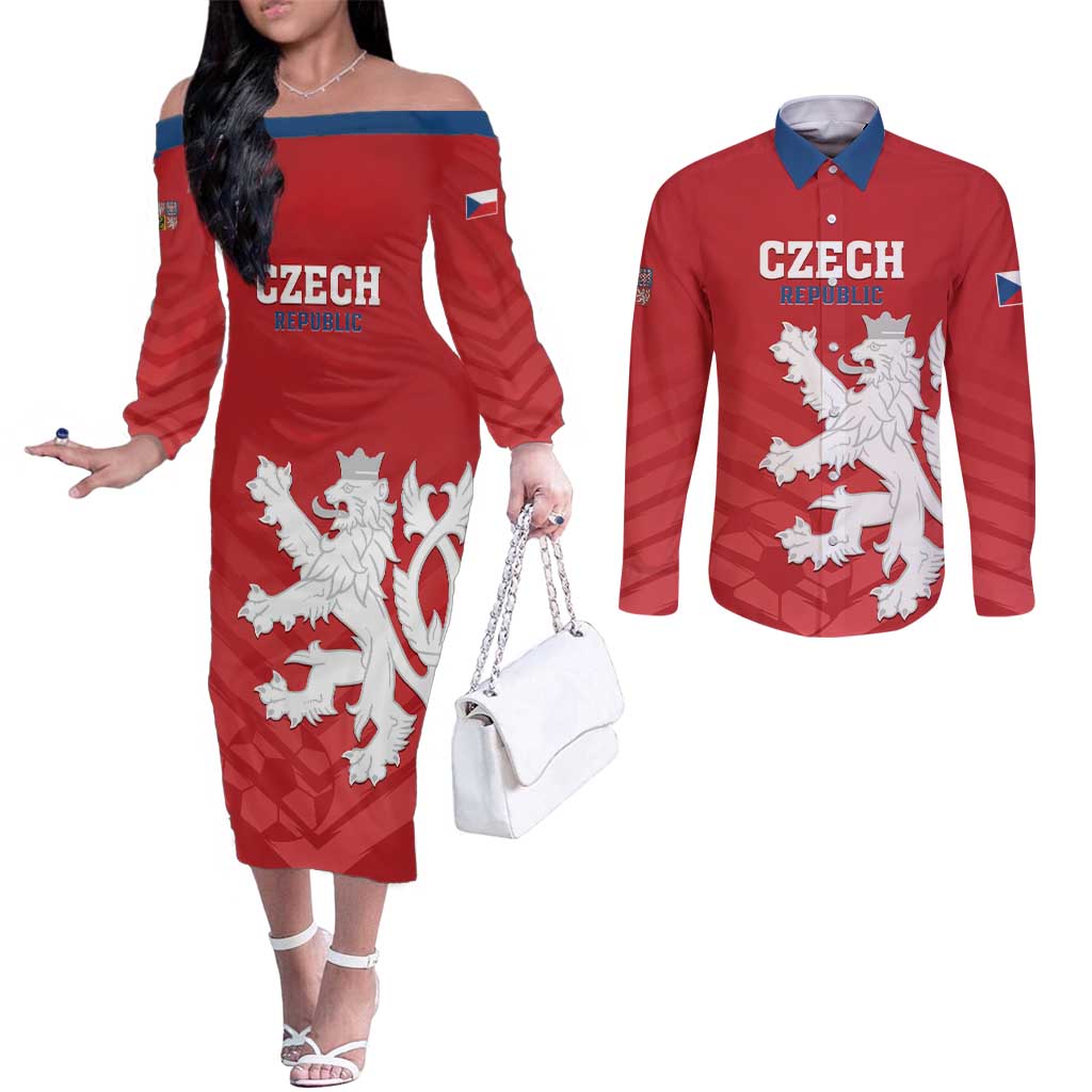 Custom Czech Republic 2024 Football Couples Matching Off The Shoulder Long Sleeve Dress and Long Sleeve Button Shirt Jeden Tym Jeden Cil Czechia