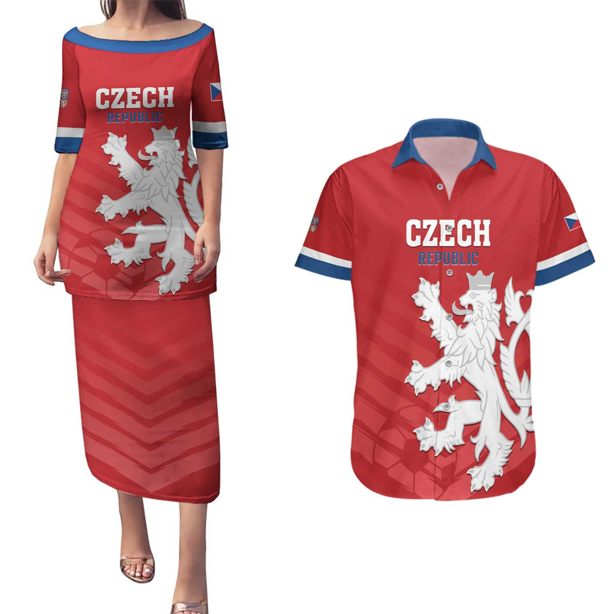 Custom Czech Republic 2024 Football Couples Matching Puletasi and Hawaiian Shirt Jeden Tym Jeden Cil Czechia - Wonder Print Shop