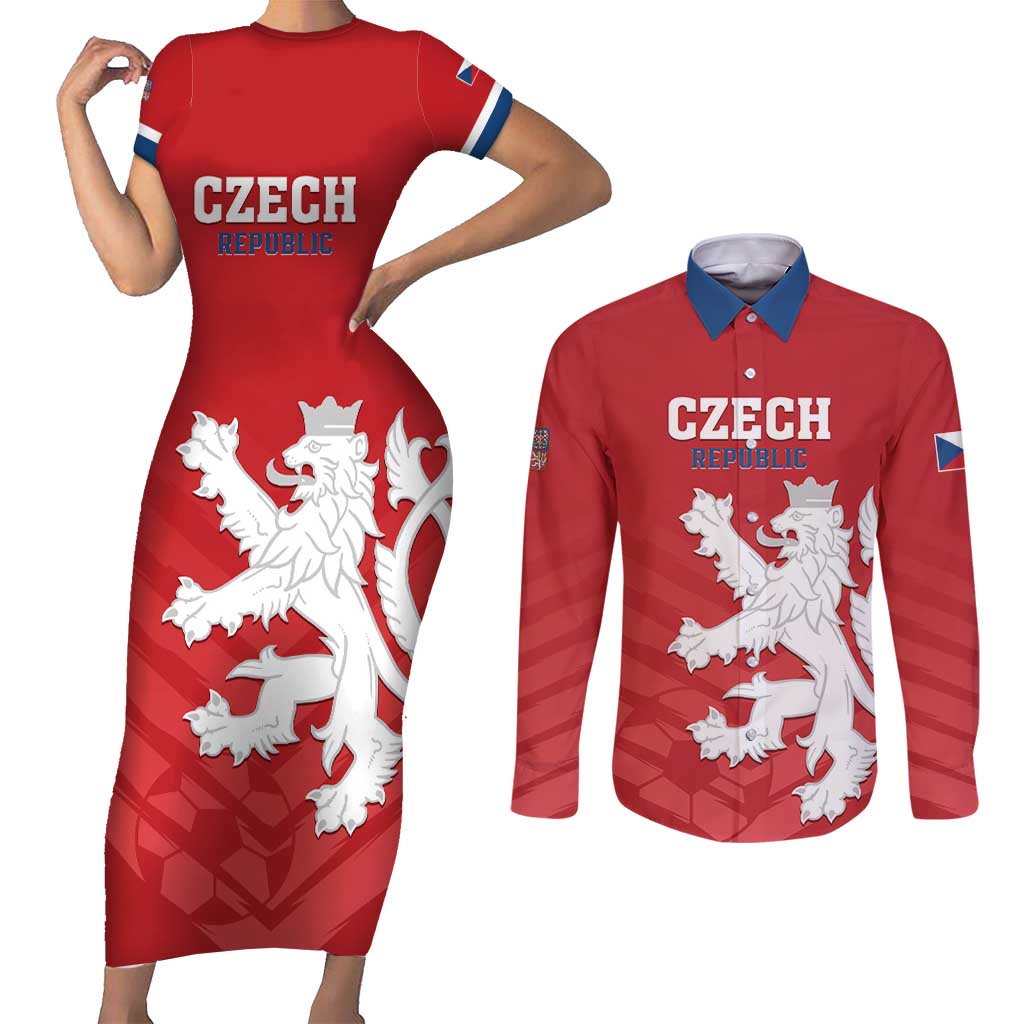 Custom Czech Republic 2024 Football Couples Matching Short Sleeve Bodycon Dress and Long Sleeve Button Shirt Jeden Tym Jeden Cil Czechia - Wonder Print Shop
