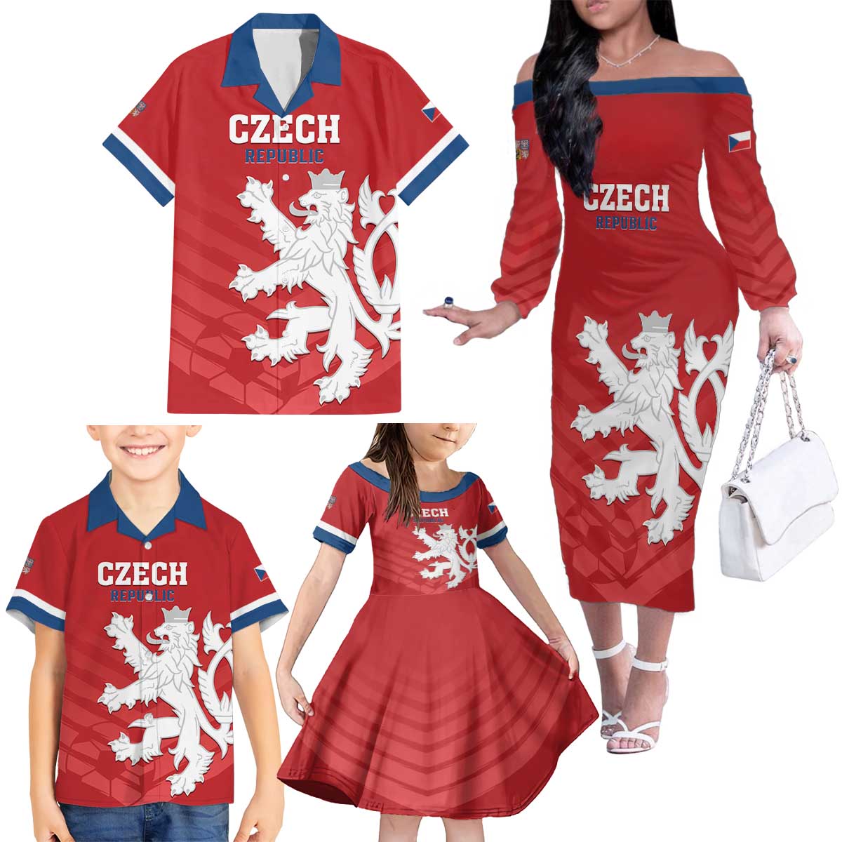 Custom Czech Republic 2024 Football Family Matching Off The Shoulder Long Sleeve Dress and Hawaiian Shirt Jeden Tym Jeden Cil Czechia - Wonder Print Shop