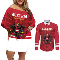 Custom Austria 2024 Football Couples Matching Off Shoulder Short Dress and Long Sleeve Button Shirt Das Team Go Champions - Wonder Print Shop