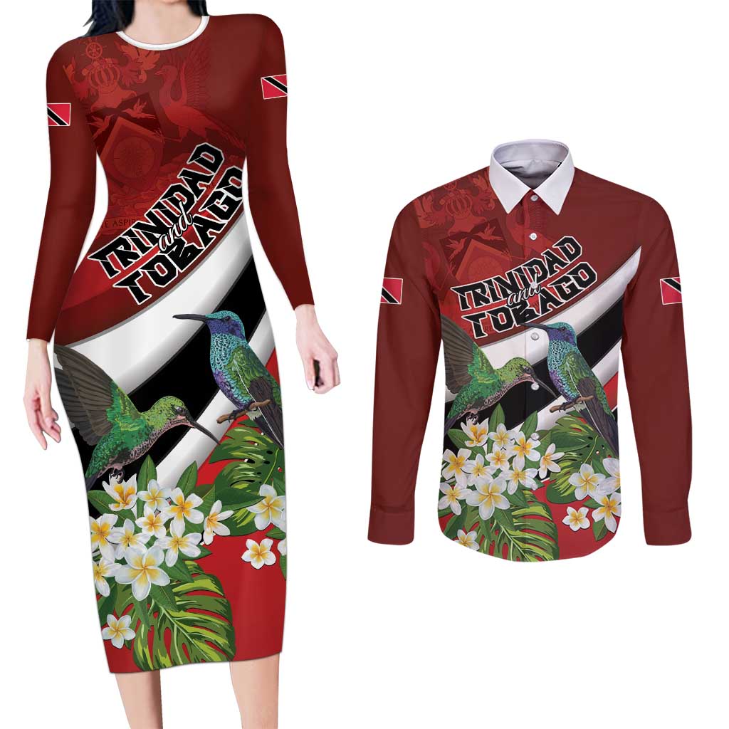 Personalized Trinidad and Tobago Couples Matching Long Sleeve Bodycon Dress and Long Sleeve Button Shirt Cairi Land of the Humming Bird - Wonder Print Shop