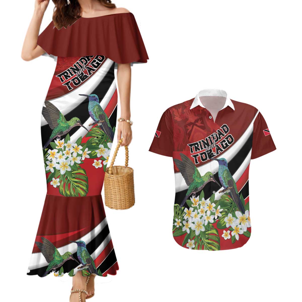 Personalized Trinidad and Tobago Couples Matching Mermaid Dress and Hawaiian Shirt Cairi Land of the Humming Bird - Wonder Print Shop