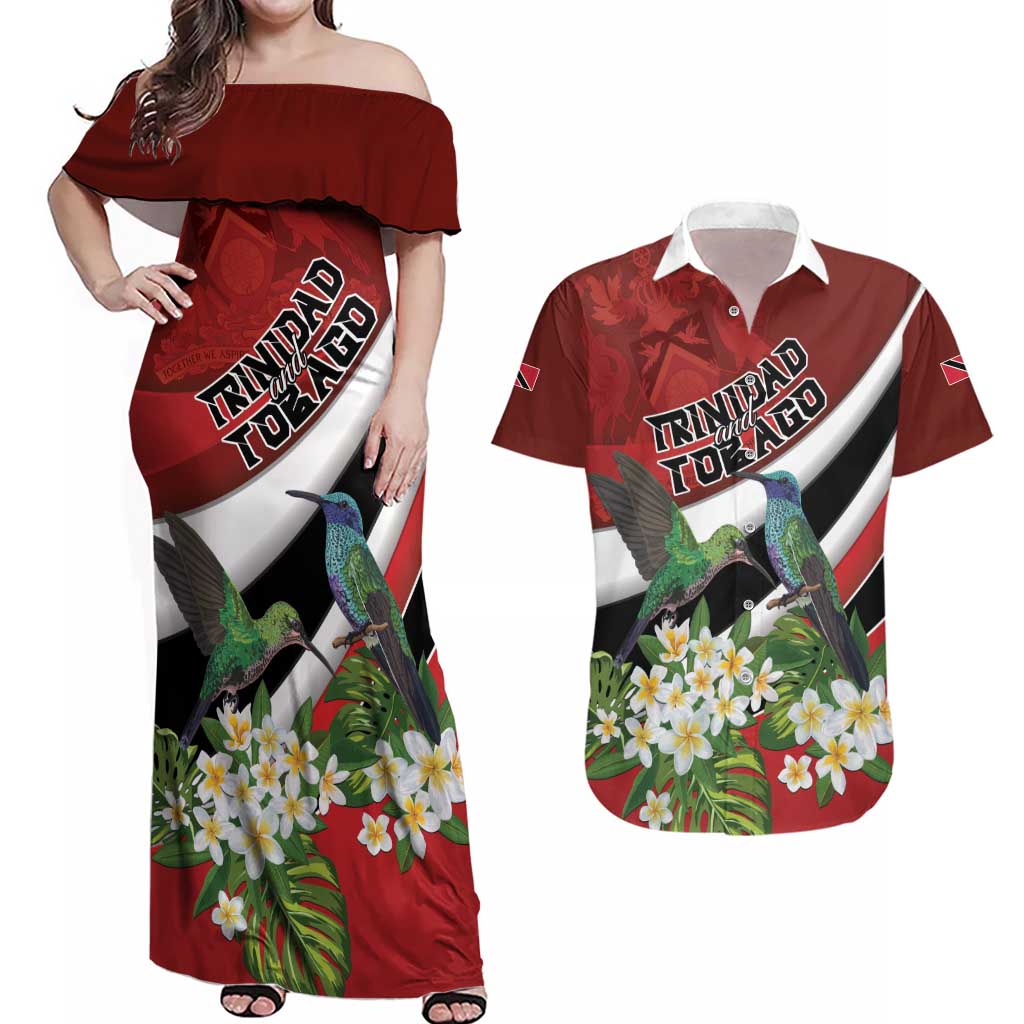 Personalized Trinidad and Tobago Couples Matching Off Shoulder Maxi Dress and Hawaiian Shirt Cairi Land of the Humming Bird - Wonder Print Shop