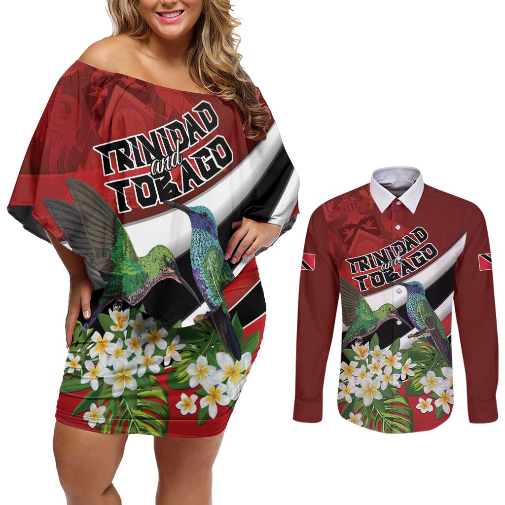 Personalized Trinidad and Tobago Couples Matching Off Shoulder Short Dress and Long Sleeve Button Shirt Cairi Land of the Humming Bird - Wonder Print Shop
