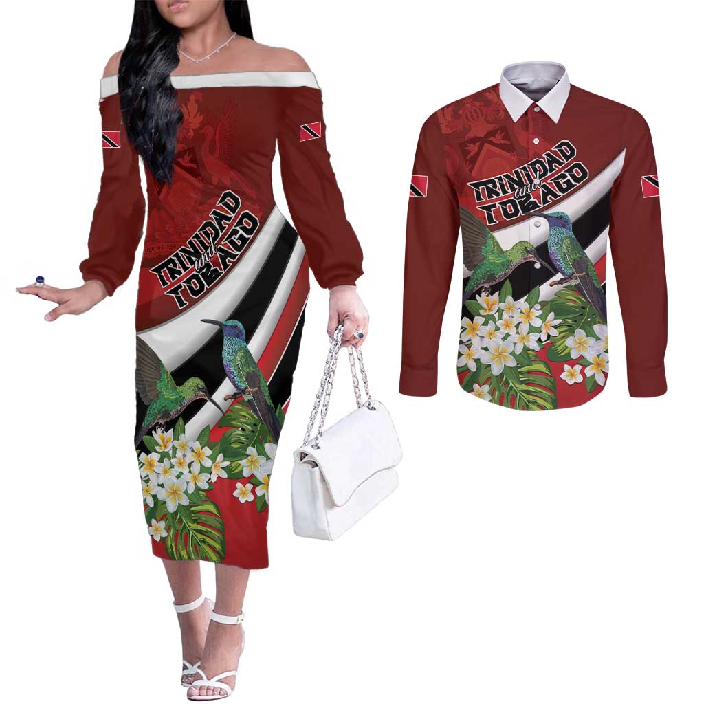 Personalized Trinidad and Tobago Couples Matching Off The Shoulder Long Sleeve Dress and Long Sleeve Button Shirt Cairi Land of the Humming Bird - Wonder Print Shop