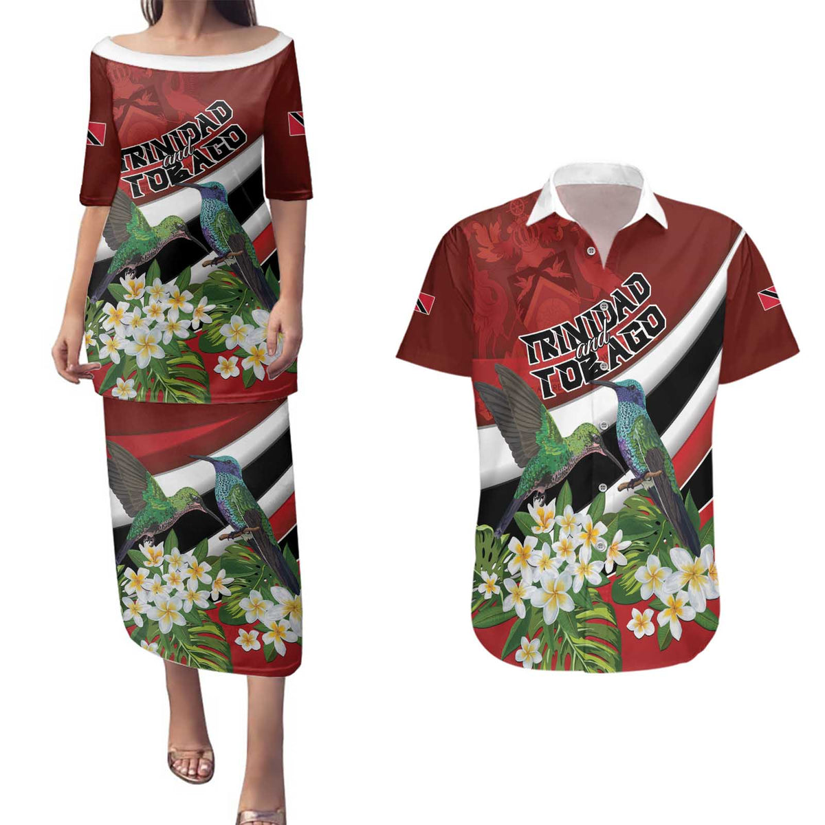 Personalized Trinidad and Tobago Couples Matching Puletasi and Hawaiian Shirt Cairi Land of the Humming Bird - Wonder Print Shop