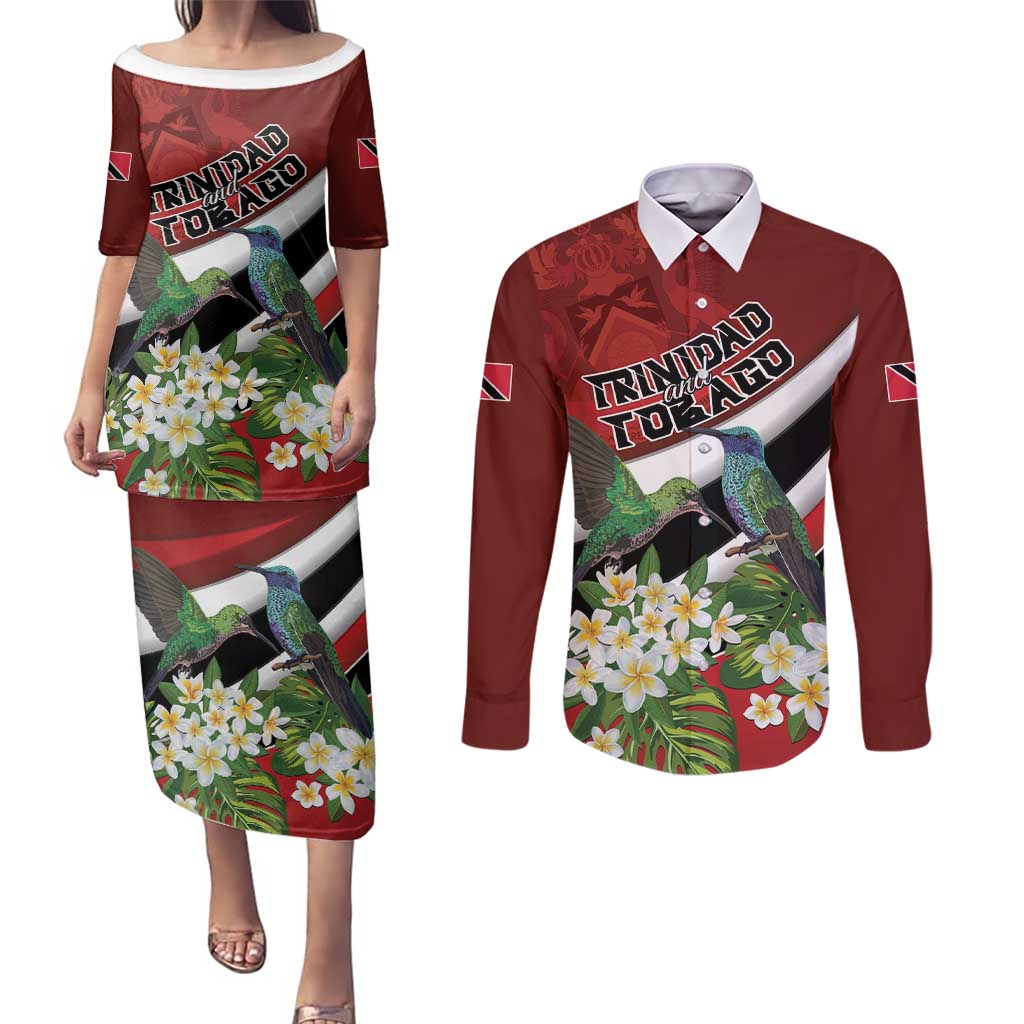 Personalized Trinidad and Tobago Couples Matching Puletasi and Long Sleeve Button Shirt Cairi Land of the Humming Bird - Wonder Print Shop