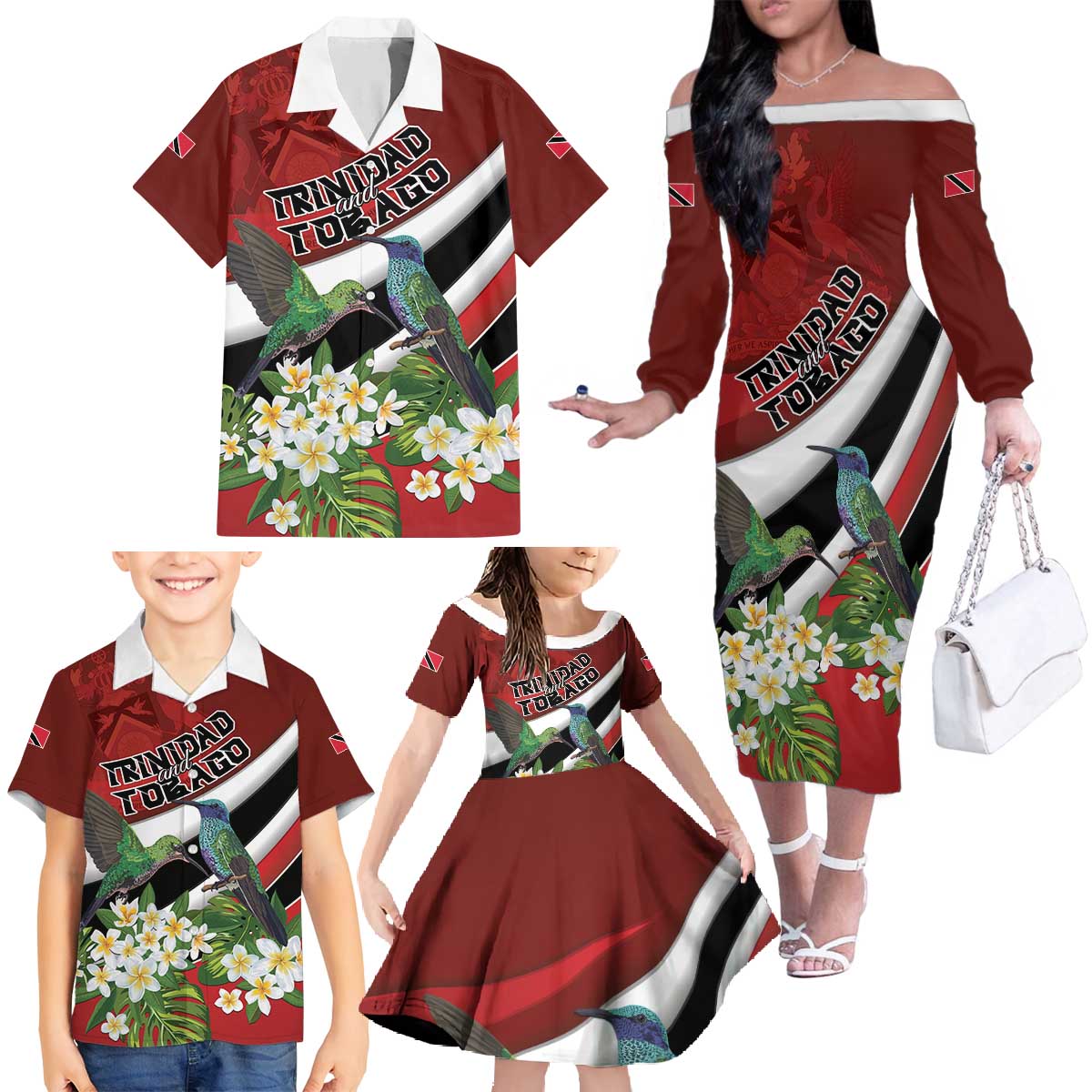 Personalized Trinidad and Tobago Family Matching Off The Shoulder Long Sleeve Dress and Hawaiian Shirt Cairi Land of the Humming Bird - Wonder Print Shop