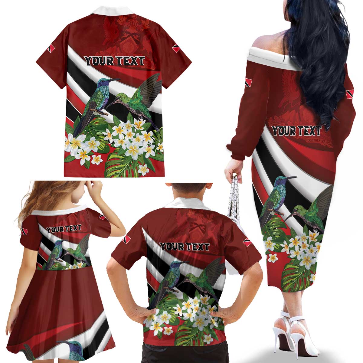 Personalized Trinidad and Tobago Family Matching Off The Shoulder Long Sleeve Dress and Hawaiian Shirt Cairi Land of the Humming Bird - Wonder Print Shop