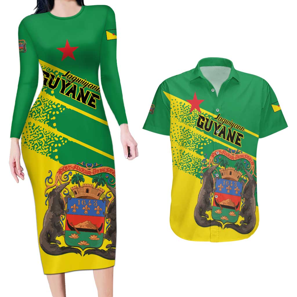 Personalized French Guiana Couples Matching Long Sleeve Bodycon Dress and Hawaiian Shirt Lagwiyann In My Heart - Wonder Print Shop