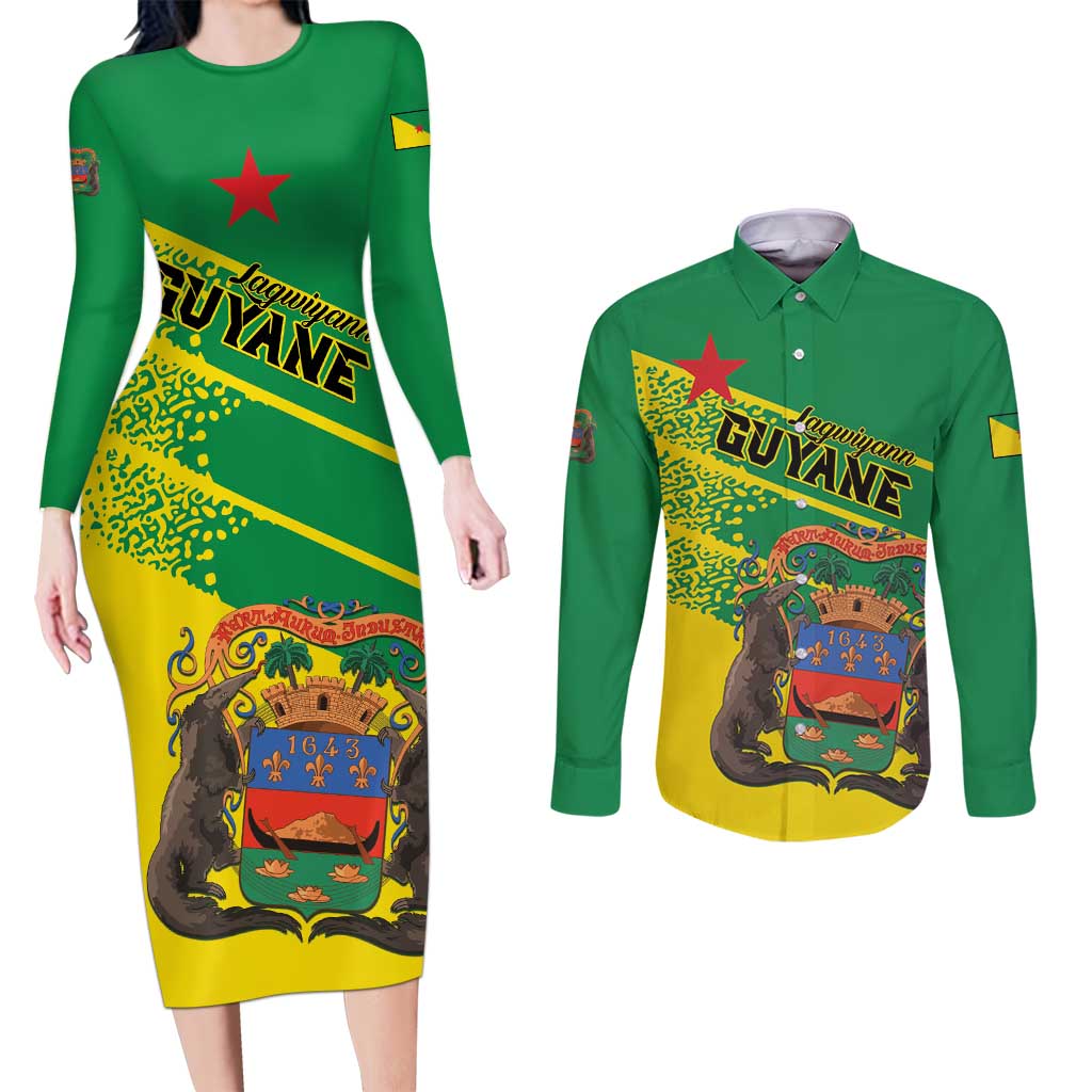 Personalized French Guiana Couples Matching Long Sleeve Bodycon Dress and Long Sleeve Button Shirt Lagwiyann In My Heart - Wonder Print Shop