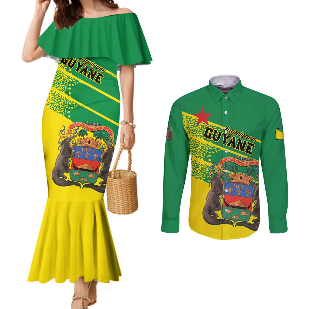 Personalized French Guiana Couples Matching Mermaid Dress and Long Sleeve Button Shirt Lagwiyann In My Heart - Wonder Print Shop