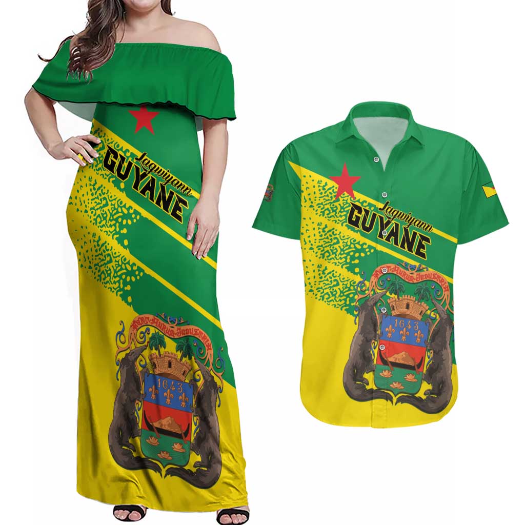 Personalized French Guiana Couples Matching Off Shoulder Maxi Dress and Hawaiian Shirt Lagwiyann In My Heart - Wonder Print Shop