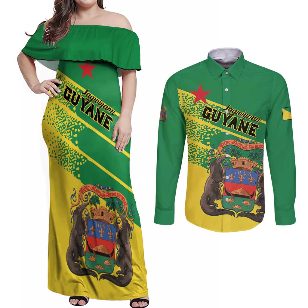 Personalized French Guiana Couples Matching Off Shoulder Maxi Dress and Long Sleeve Button Shirt Lagwiyann In My Heart - Wonder Print Shop