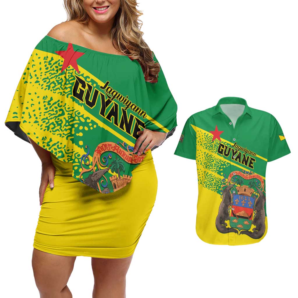 Personalized French Guiana Couples Matching Off Shoulder Short Dress and Hawaiian Shirt Lagwiyann In My Heart - Wonder Print Shop