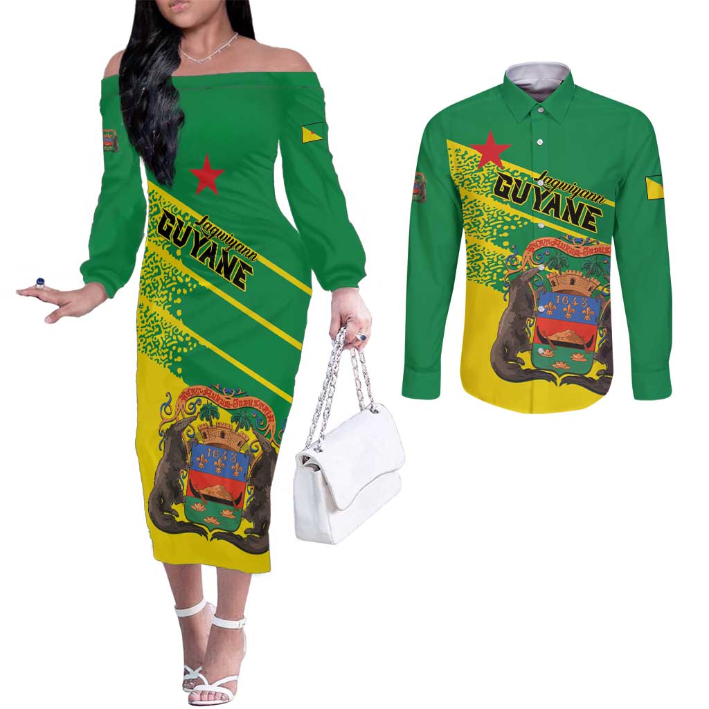 Personalized French Guiana Couples Matching Off The Shoulder Long Sleeve Dress and Long Sleeve Button Shirt Lagwiyann In My Heart - Wonder Print Shop