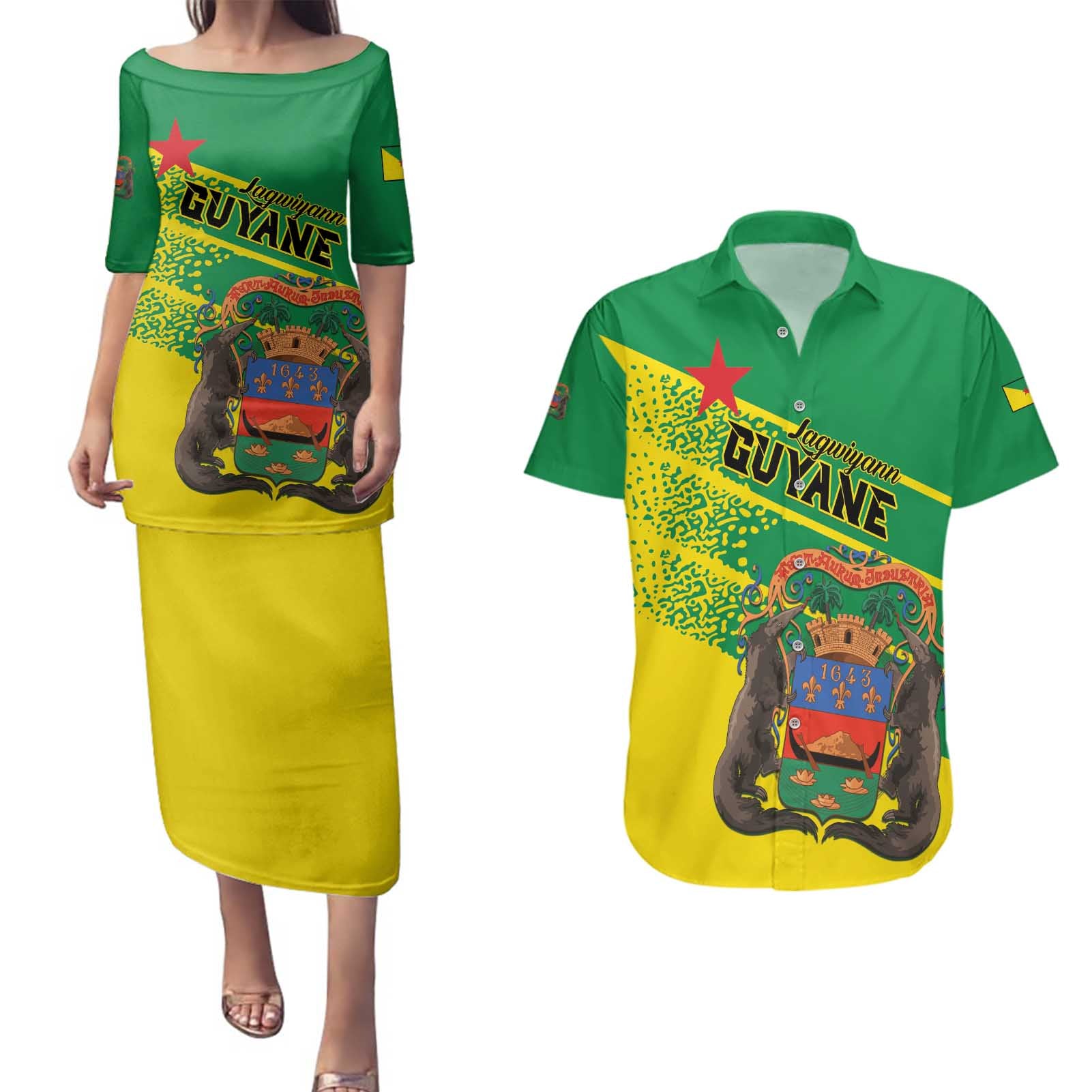 Personalized French Guiana Couples Matching Puletasi and Hawaiian Shirt Lagwiyann In My Heart - Wonder Print Shop