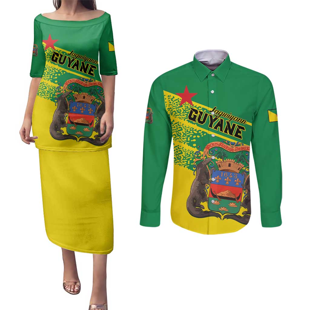 Personalized French Guiana Couples Matching Puletasi and Long Sleeve Button Shirt Lagwiyann In My Heart - Wonder Print Shop